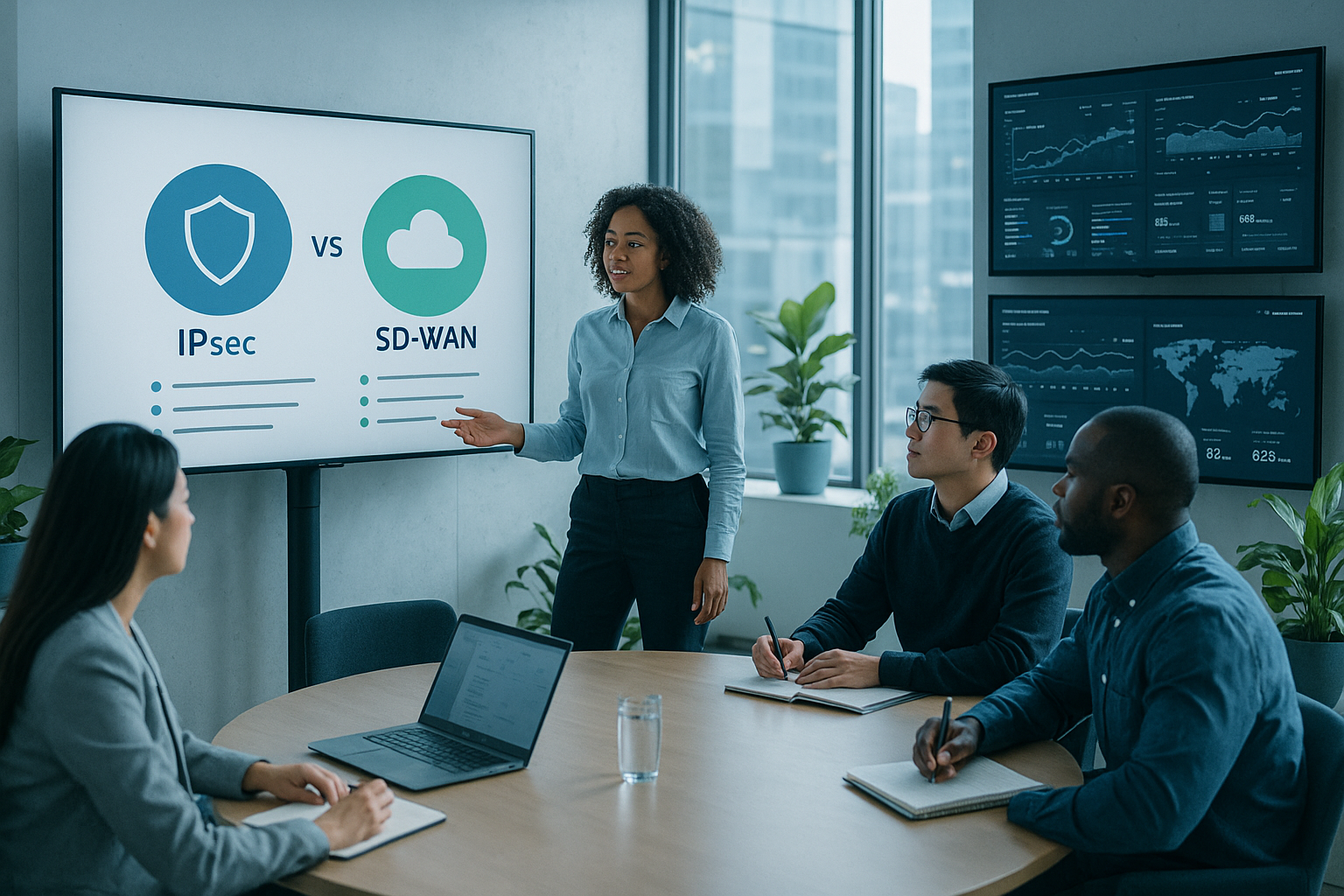 The image depicts a sleek, modern office environment where a diverse group of professionals is engaged in a collaborative meeting facing against the image foreground. In the foreground, a woman with curly hair is presenting on a large screen, which displays a colorful infographic contrasting IPsec and SD-WAN technologies. Around her, colleagues of various ethnicities are seated at a round table, looking at the screen, taking notes, and discussing ideas. The office features large windows allowing natural light to flood the space, highlighting minimalist furniture and vibrant green plants that add a touch of nature. On the walls, digital displays show real-time data analytics and network performance metrics. The atmosphere is dynamic and focused, embodying a blend of technology and teamwork, indicative of a forward-thinking company adapting to modern networking solutions.